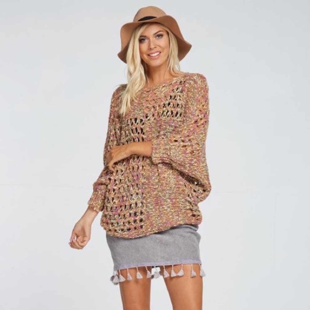 a Shappe Multicolor Open Knit Crochet Dolman Sleeve Soft Sweater No Size